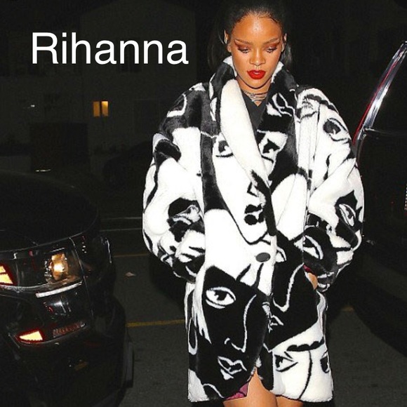 Vintage Jackets & Blazers - Vintage 80s L Faux Fur Faces Print Wrap Midi Coat